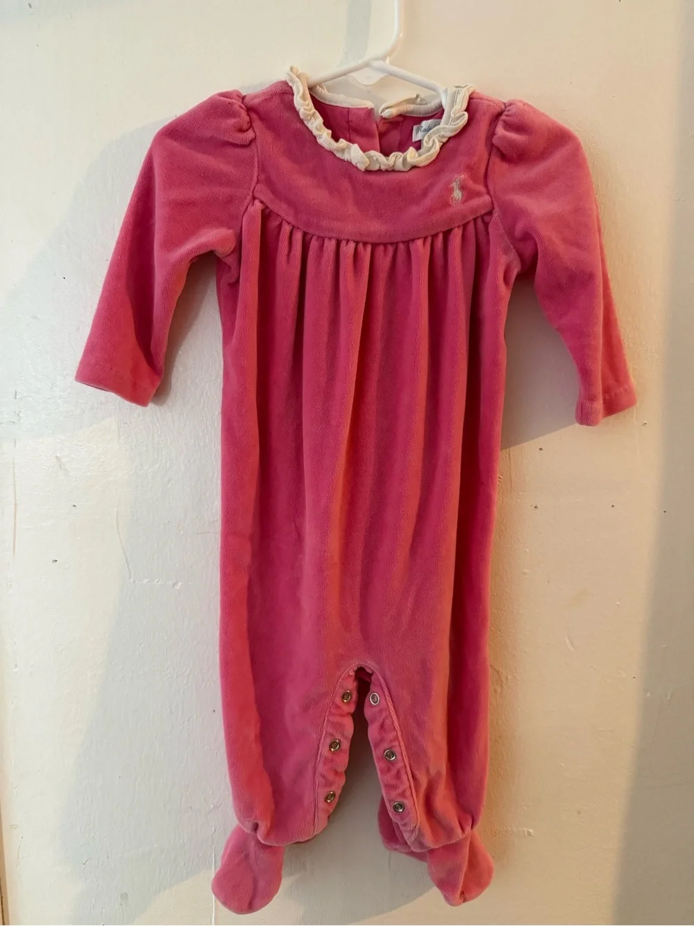 Ralph Lauren Rose Pink Velvet Footed One-Piece with Ruffle Neck